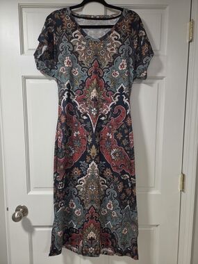Boho Floral V-Neck Maxi Dress in Teal and Red L